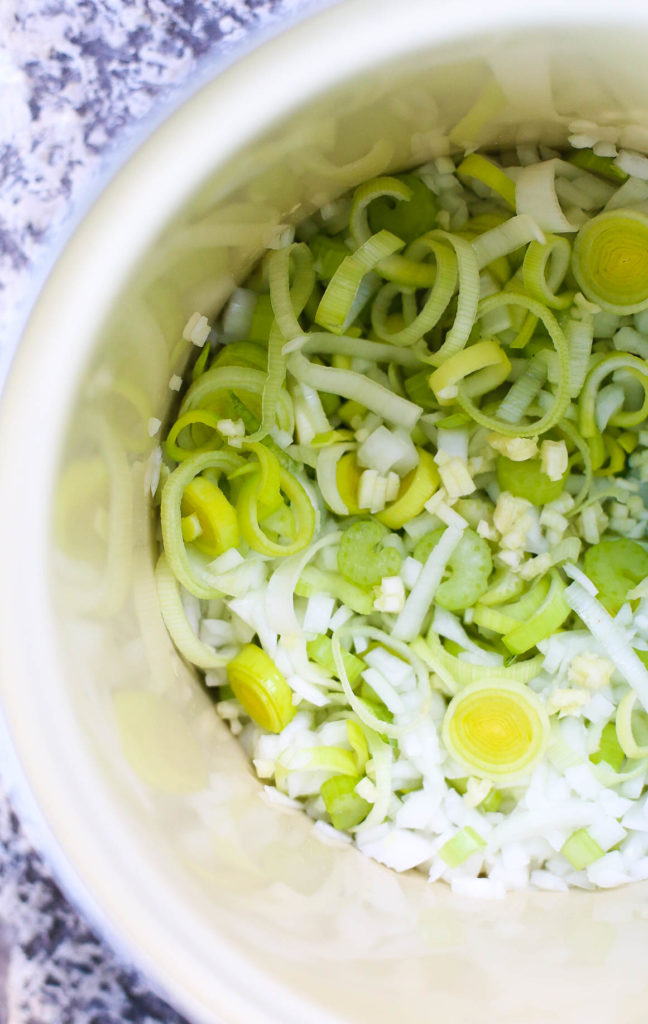 leeks and garlic sautéed in pot