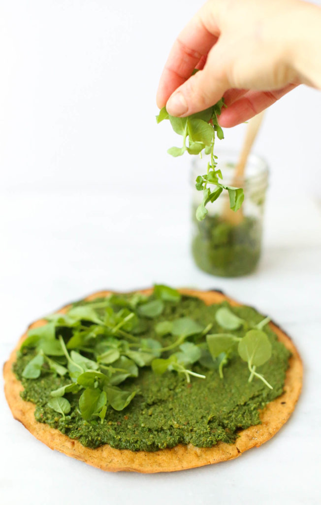 spring pesto socca pizza healthy gluten free vegan vegetarian 