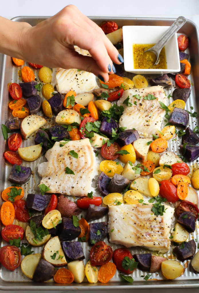 one pan, cod, baked, vegetables