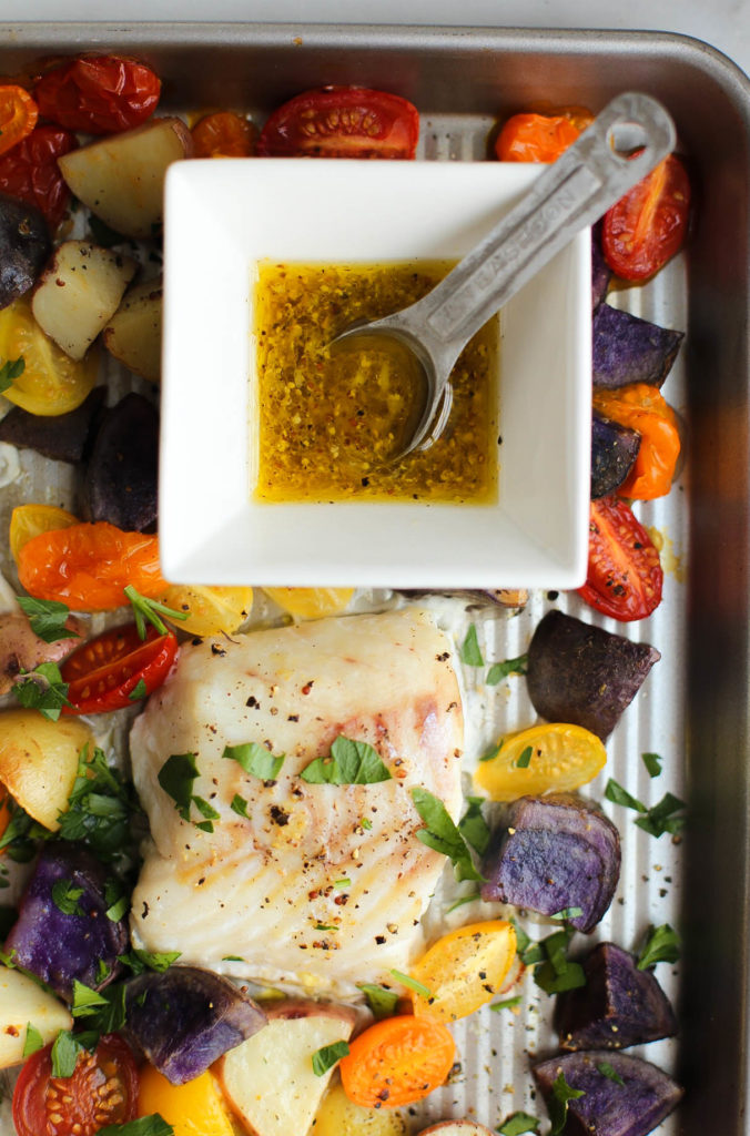 one pan, cod, baked, vegetables