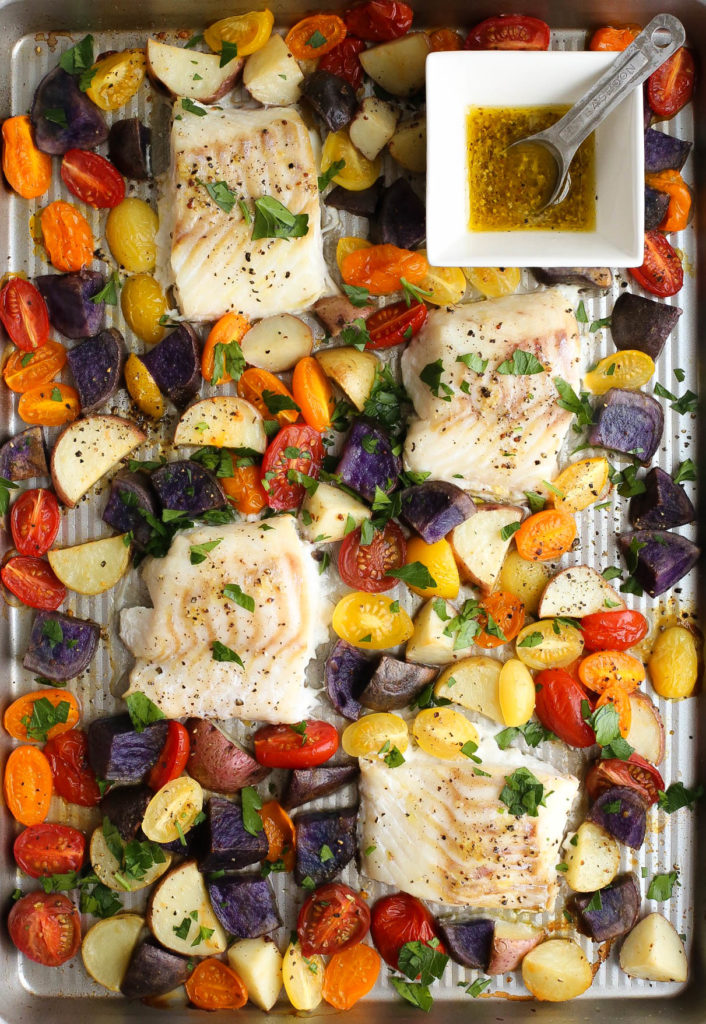 one pan, cod, baked, vegetables