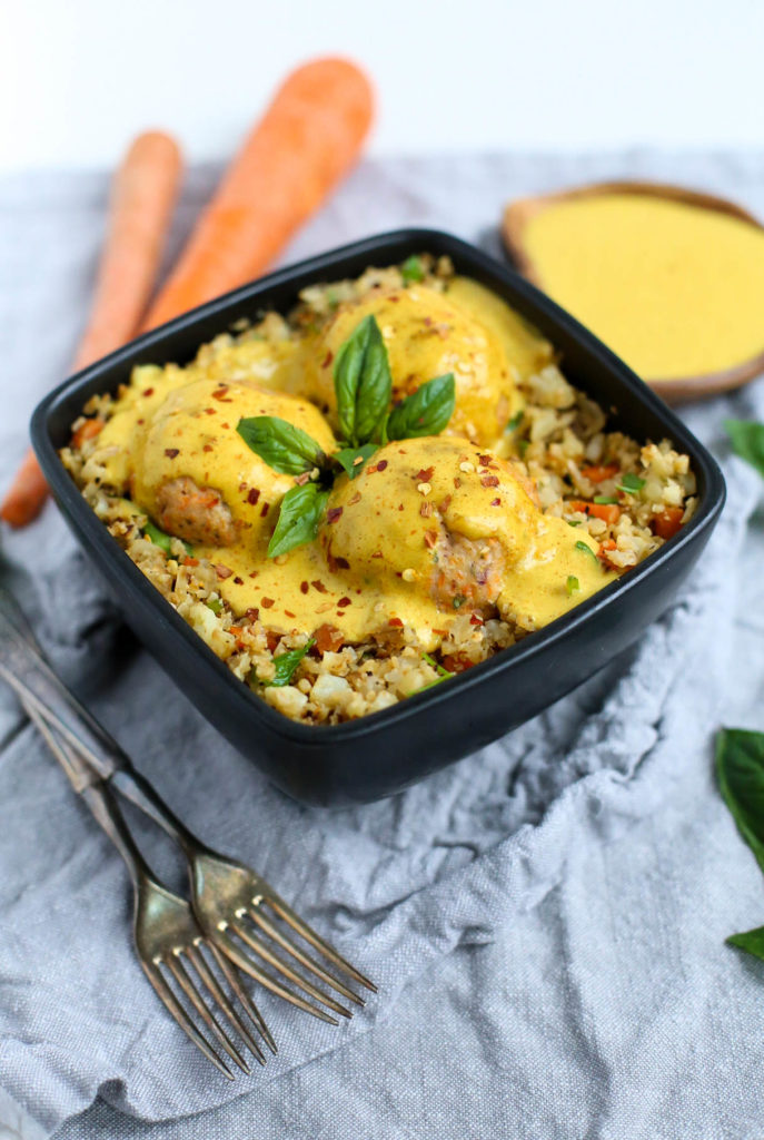 Turkey meatballs with coconut curry sauce & cauliflower rice